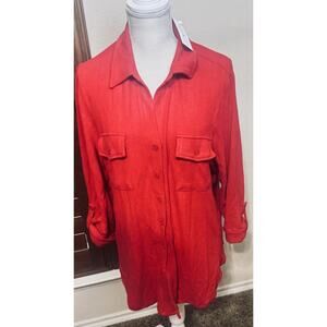 NWT Kiss & Fly Women's Red Roll Tab Sleeve Button Up Blouse Shirt Top Soft XL